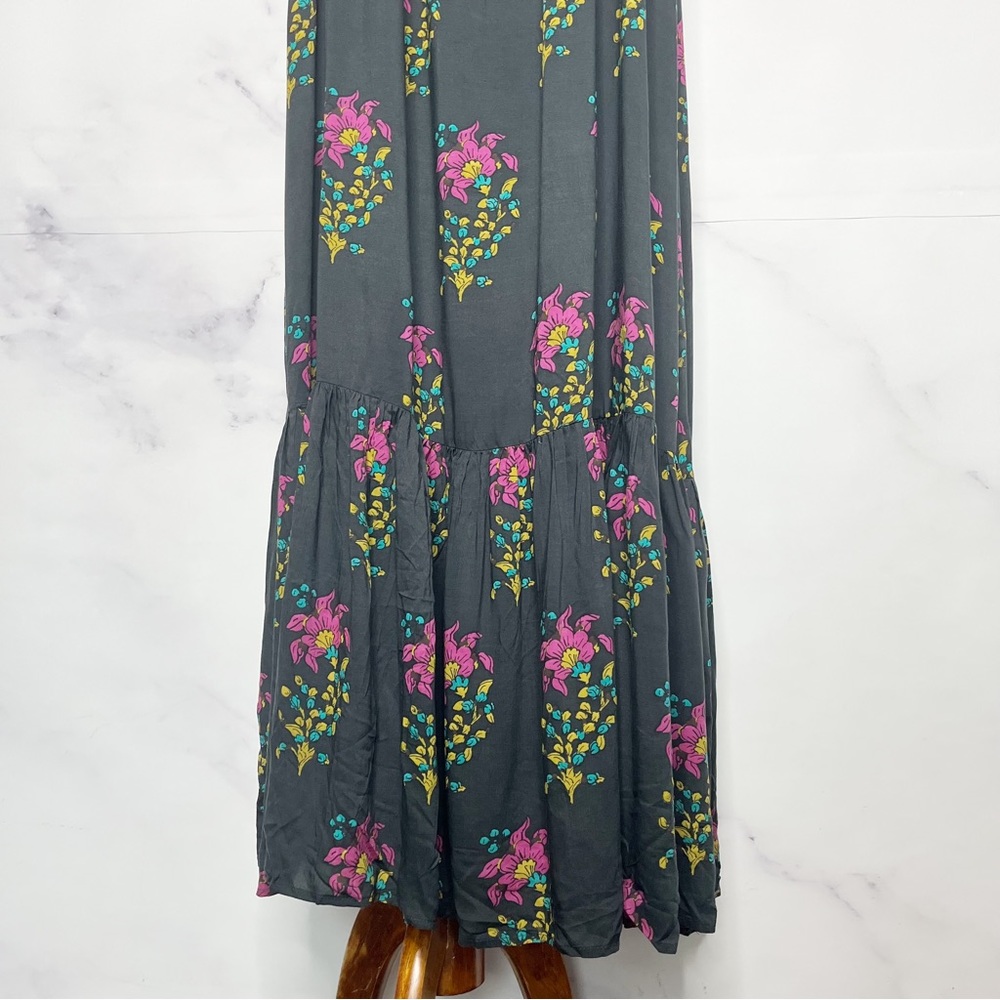 SOLD Anthropologie Flounced Maxi Lounge Dress Black Motif Floral - Picture 12 of 15
